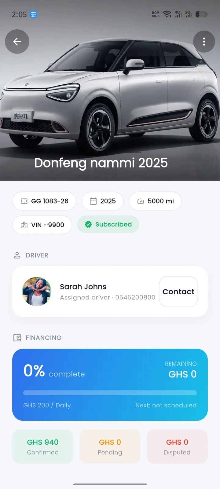Fleetora car detail screen showing a Donfeng Nammi 2025 with driver and financing progress