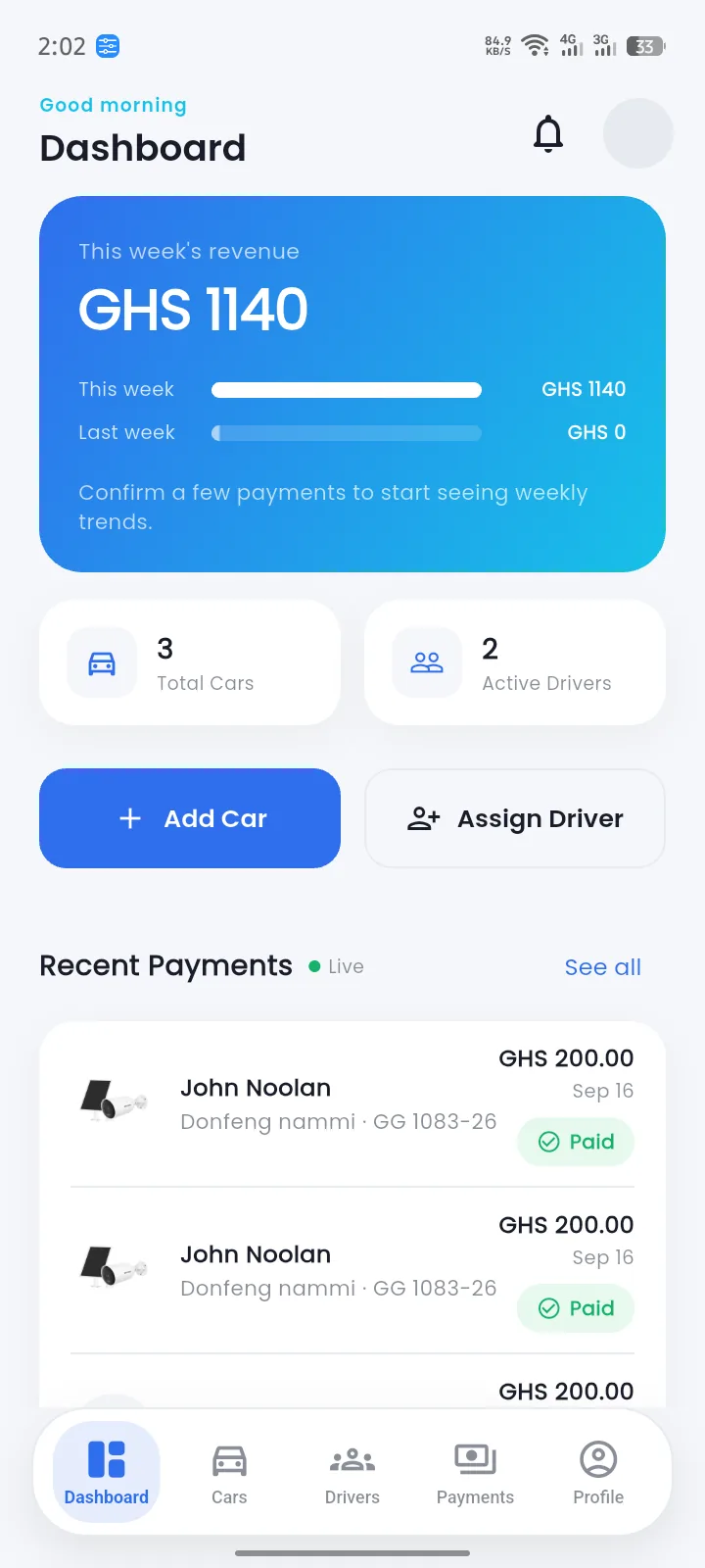 Fleetora dashboard showing this week's revenue and recent driver payments